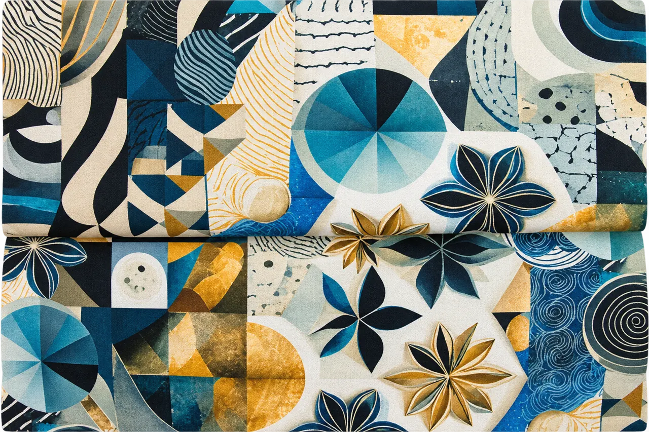 Gros plan sur un tissu ou collage décoratif aux motifs géométriques et floraux dans des tons de bleu, de doré, de crème et de noir.